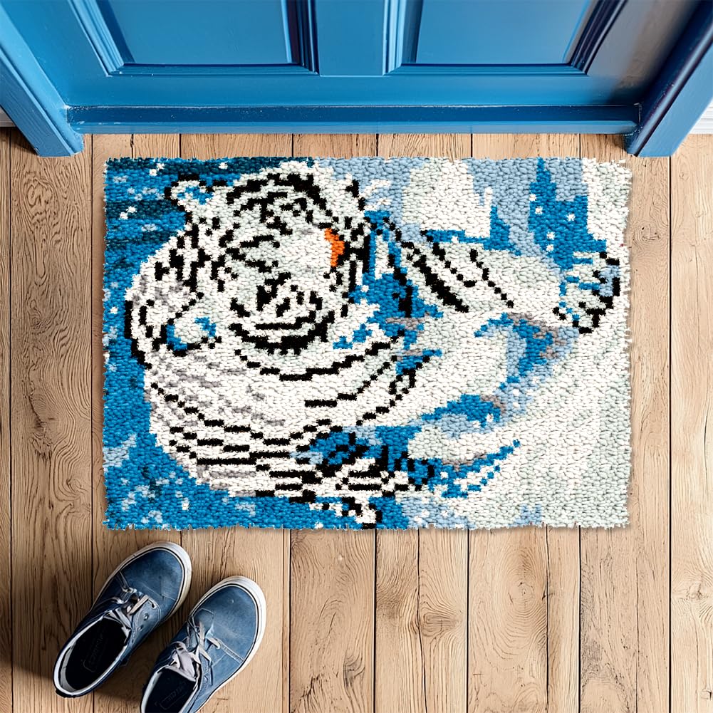 ORIGACH Weiße Tiger Knüpfteppich Zum Selber knüpfen Teppich Aus Farbgeprägtem Gitterstoff Teppich Set Für Erwachsene Heimdekoration Festivalgeschenke 52 x 38cm