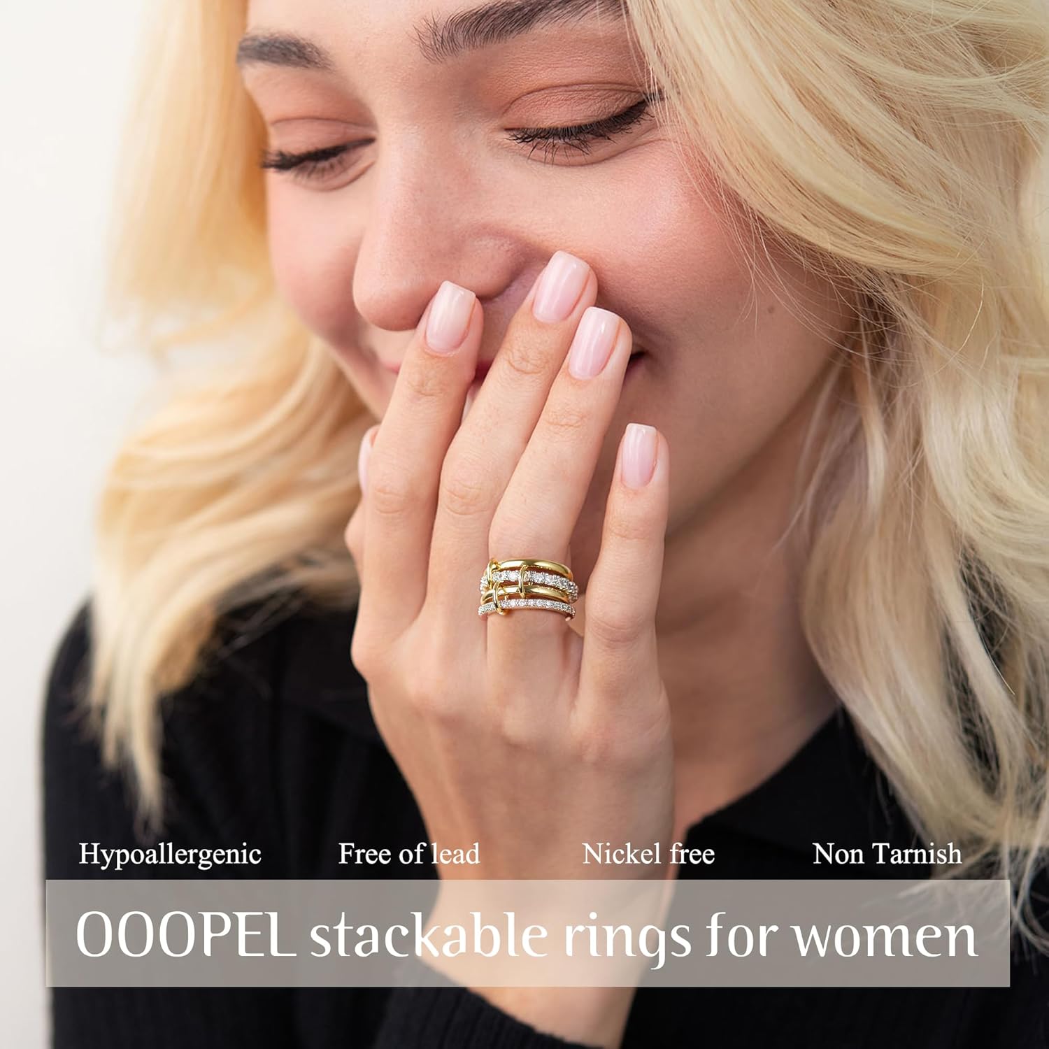 OOOPEL Gold Stackable Rings for Women Non Tarnish 14K Gold Plated Rings and 925 Sterling Silver Cubic Zirconia Ring Hypoallergenic Interlocking Mixed Metals Stacked Ring Set Size 5-9 Jewelry Gifts - Image 2