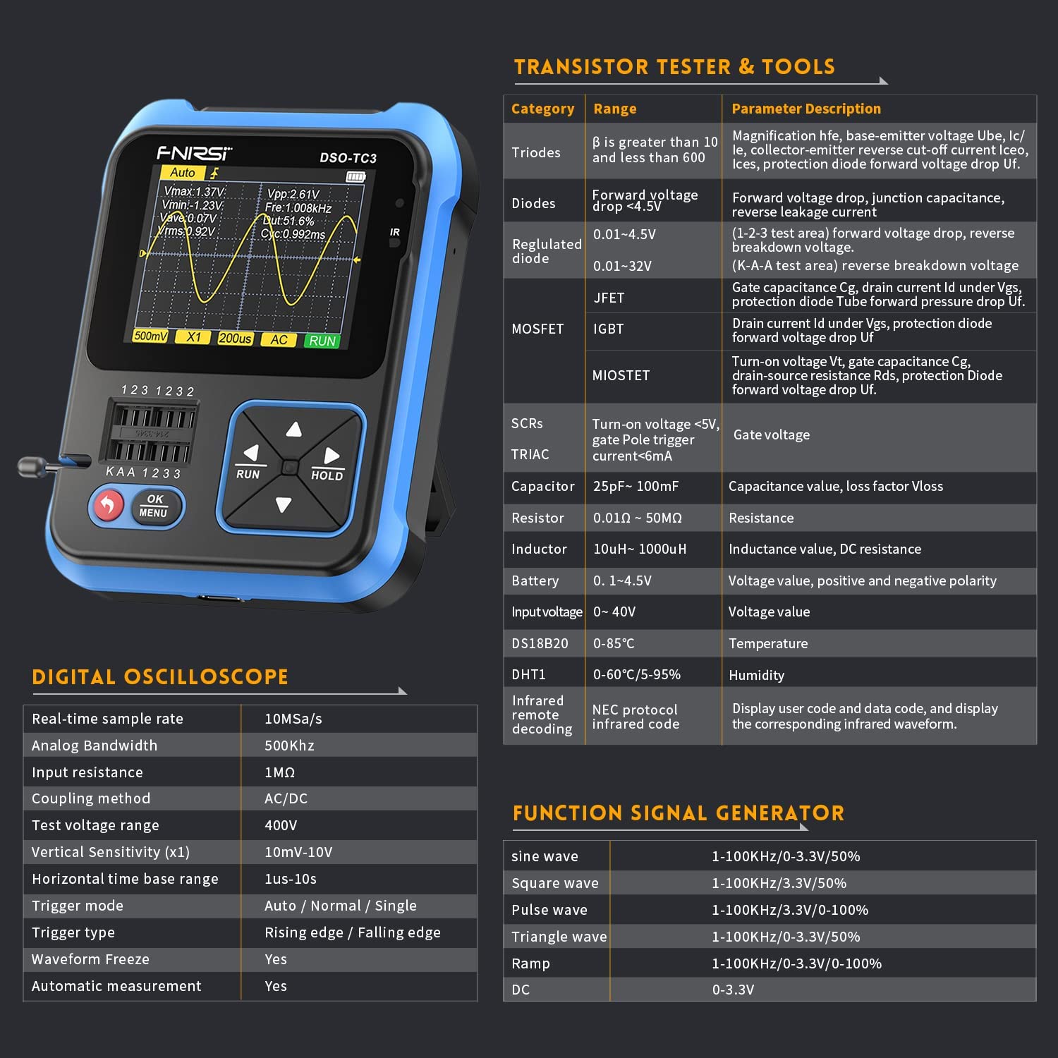 FNIRSI DSO-TC3 Oscilloscopio - 3IN1 Oscilloscopio Portatile & Generatore di Segnale DDS & Tester di Transistor, Larghezza di Banda 500kHz, Frequenza di Campionamento 10 MSa/s, 6 Tipi di Forme D'onda