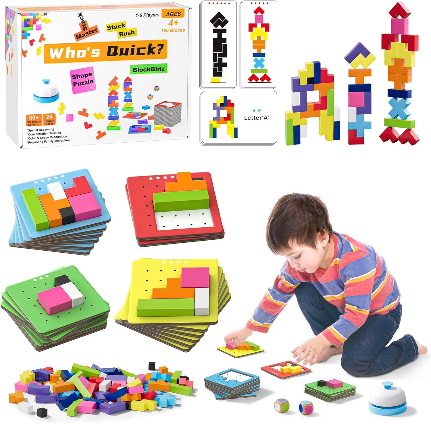 Tetris Board Game Set 120 Pcs Stacking Block Toy Wooden 3D