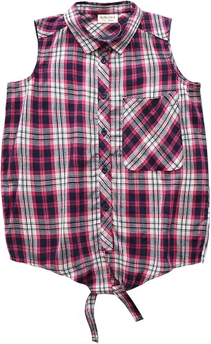 MOMOLAND Big Girls Sleeveless Woven Plaid Button Down Shirts with Collar Red Bla