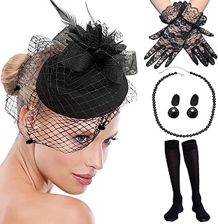5Pcs Tea Party Accessories for Women 1920s Fascinators Hats for Women with Tea Party Hat Lace Gloves Socks Pearl Jewelry Set