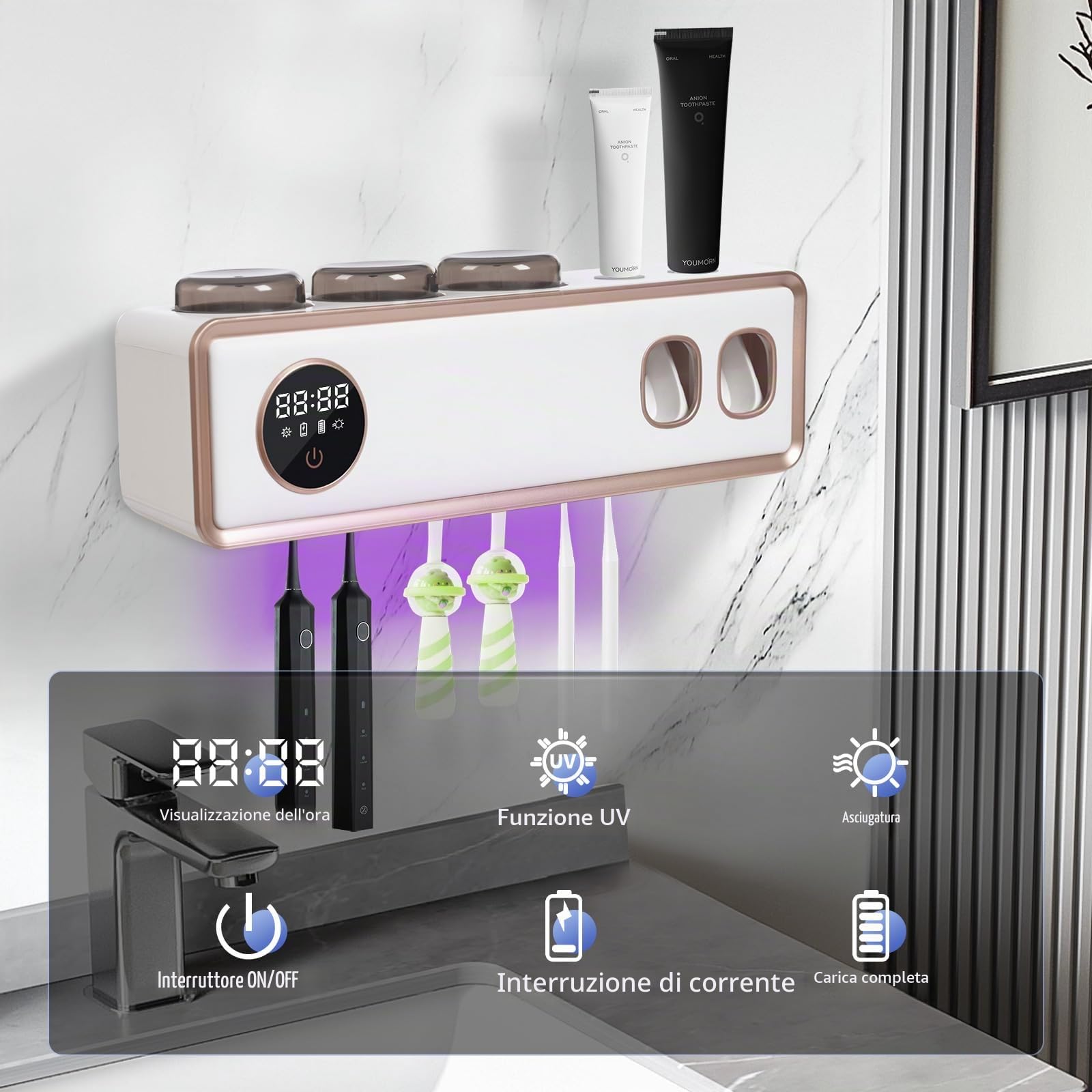 Supporto per Spazzolino da Denti UV, Disinfettante UV, Porta Spazzolino Disinfettante con Asciugatura, Bagno Distributore Automatico di Dentifricio, Touch Screen (Bianco)