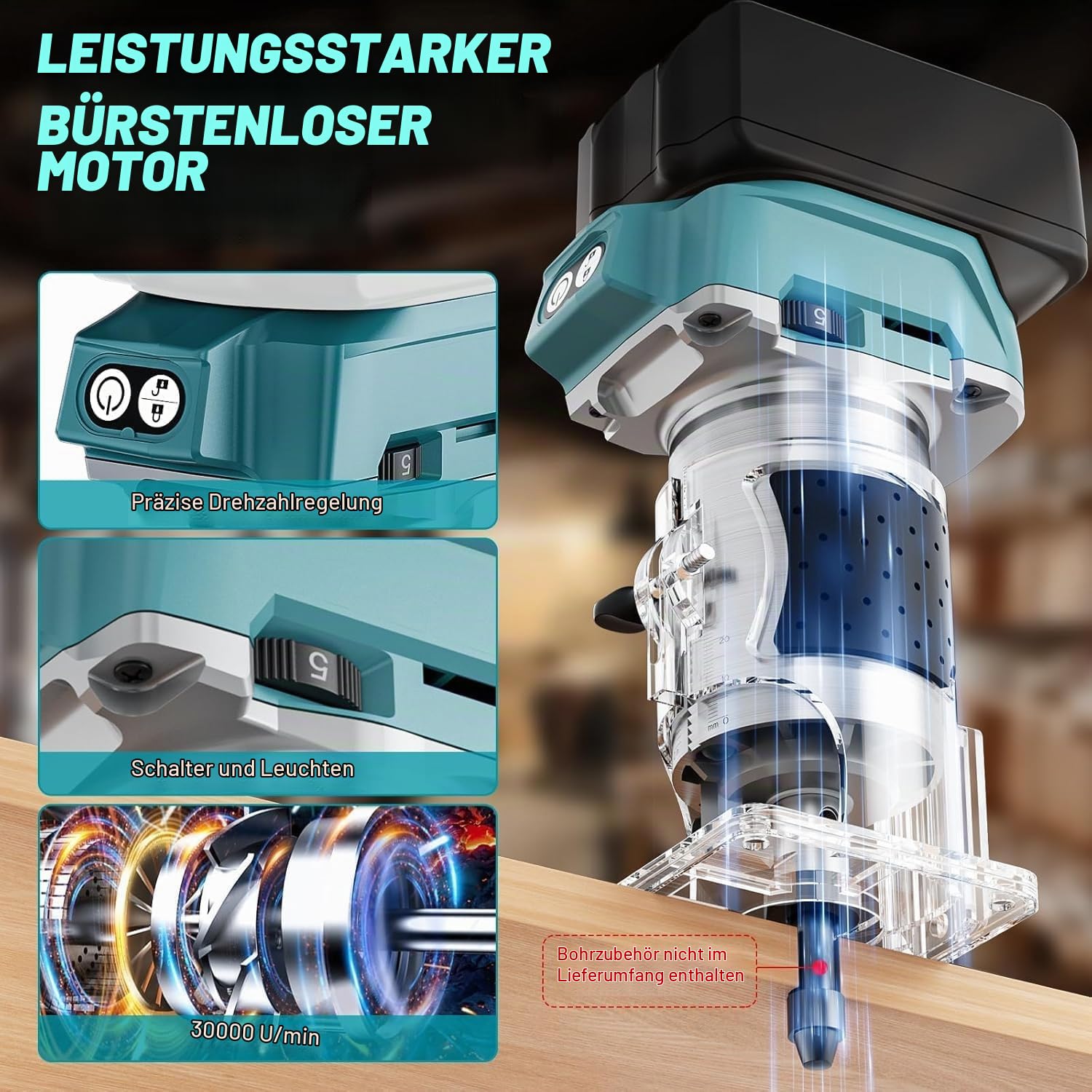 Akku Oberfräse kompatibel mit Makita 18V Akku, Trimmer Einhandfräse Kantenfräse Holz Fräse Multifunktionsfräse,bürstenloser Motor,5 Geschwindigkeiten,800W 30000RPM,Holzbearbeitung (no Akku)