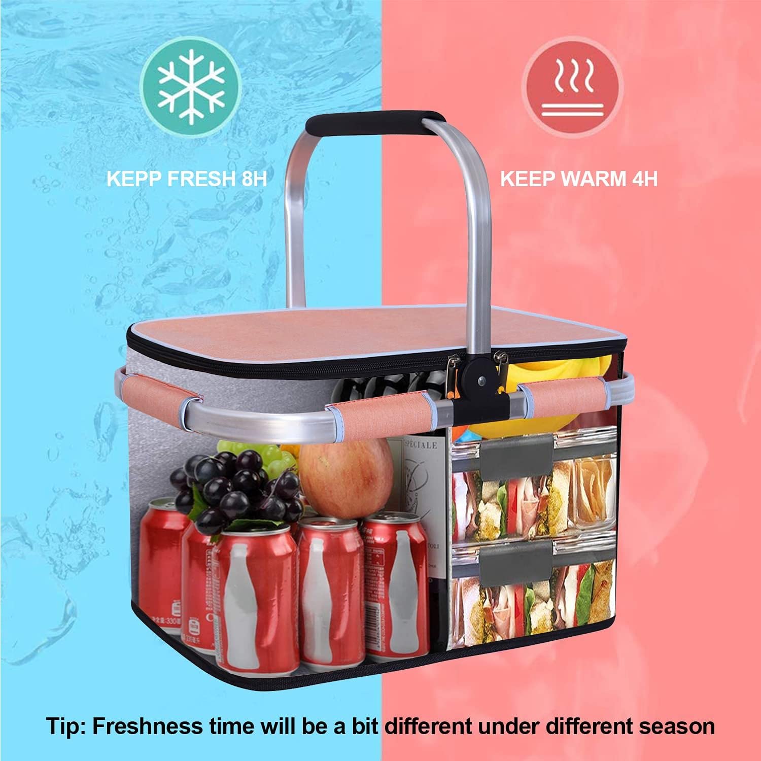 Sac isotherme imperméable de 35 l - Grand panier isotherme pour le bureau, le camping, les pique-niques, les voyages - Support latéral - Pliable - Protection brevetée