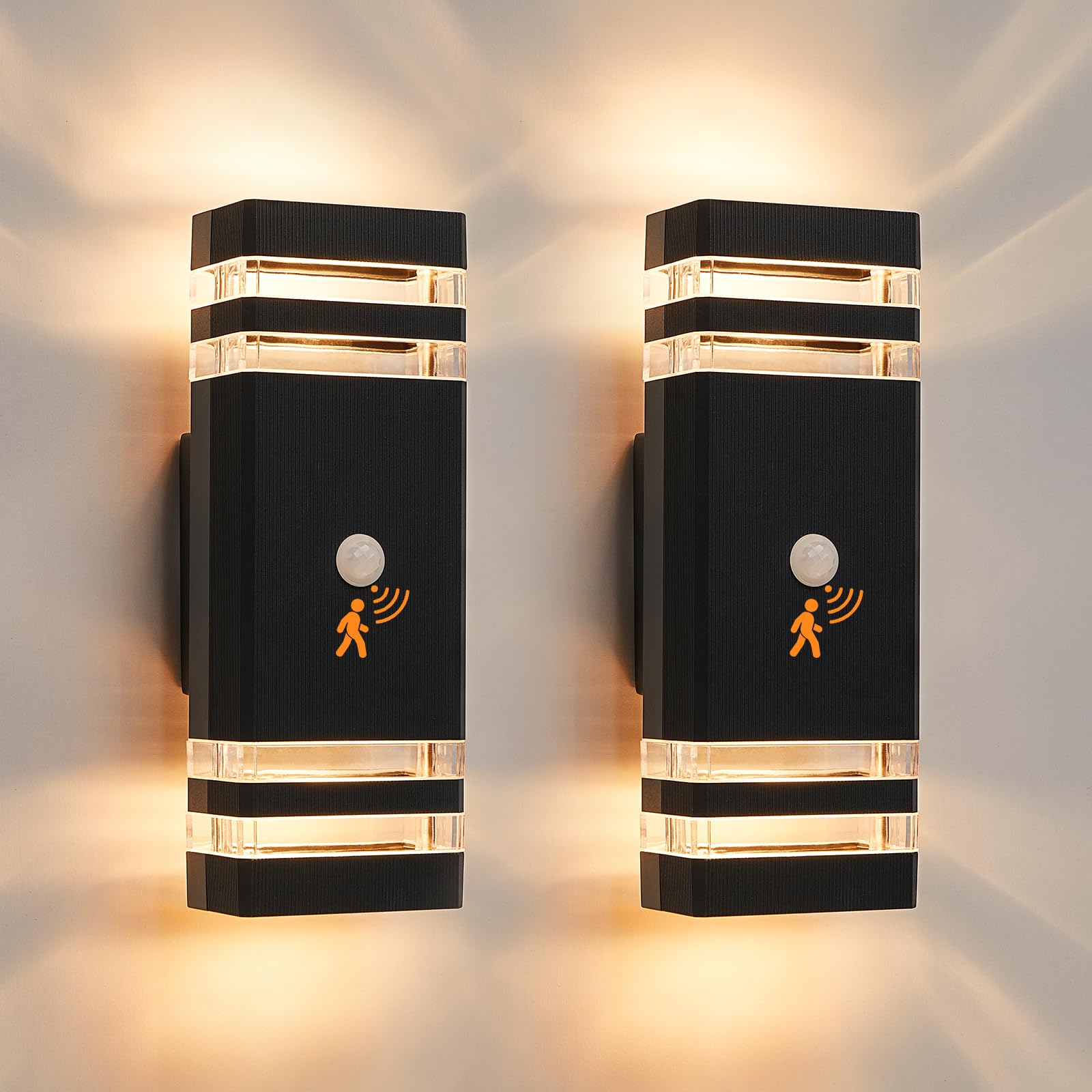 Zewnętrzna lampa ścienna LED z czujnikiem ruchu Zestaw 2 sztuk, wodoodporna lampa zewnętrzna IP65, GU10 Nowoczesna zewnętrzna lampa ścienna 3000K, oświetlenie zewnętrzne do góry nogami, czarna