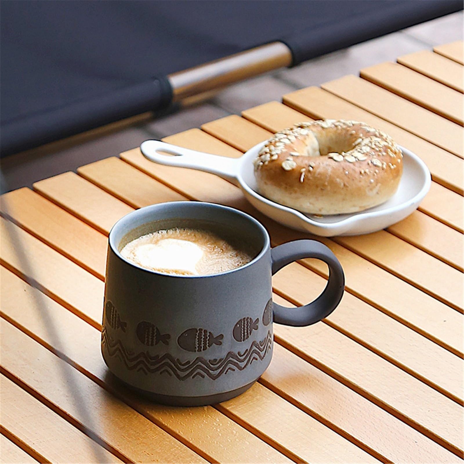 Tee Kaffeetasse Mugs Vintage Steinzeug Kaffeetasse gewellt gestreift Fisch Frühstück Haferflocken Becher 450ml