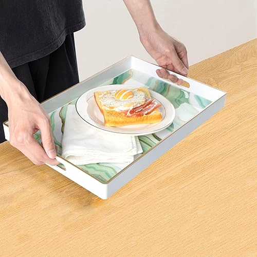Miniatura 4 de MAONAME Bandeja decorativa rectangular, moderna bandeja verde para servir con asas, bandeja de plástico de mármol para otomana, bandeja de mesa