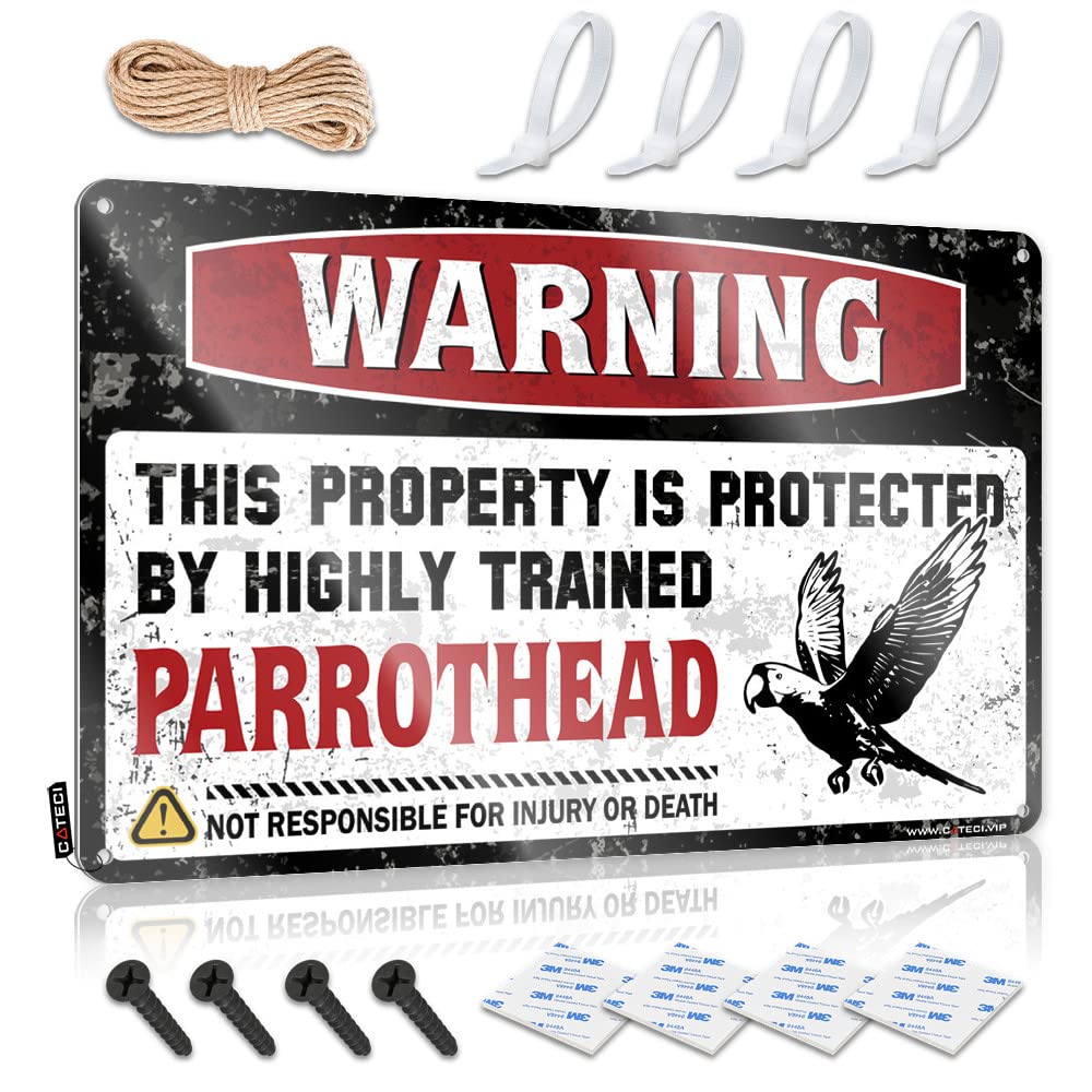 HELIOFORGE Funny House Decor Warning This Property Is Protected By A Highly Trained Parrothead Tin Sign Tin Signs For Bar Sign Decor(30X40CM)