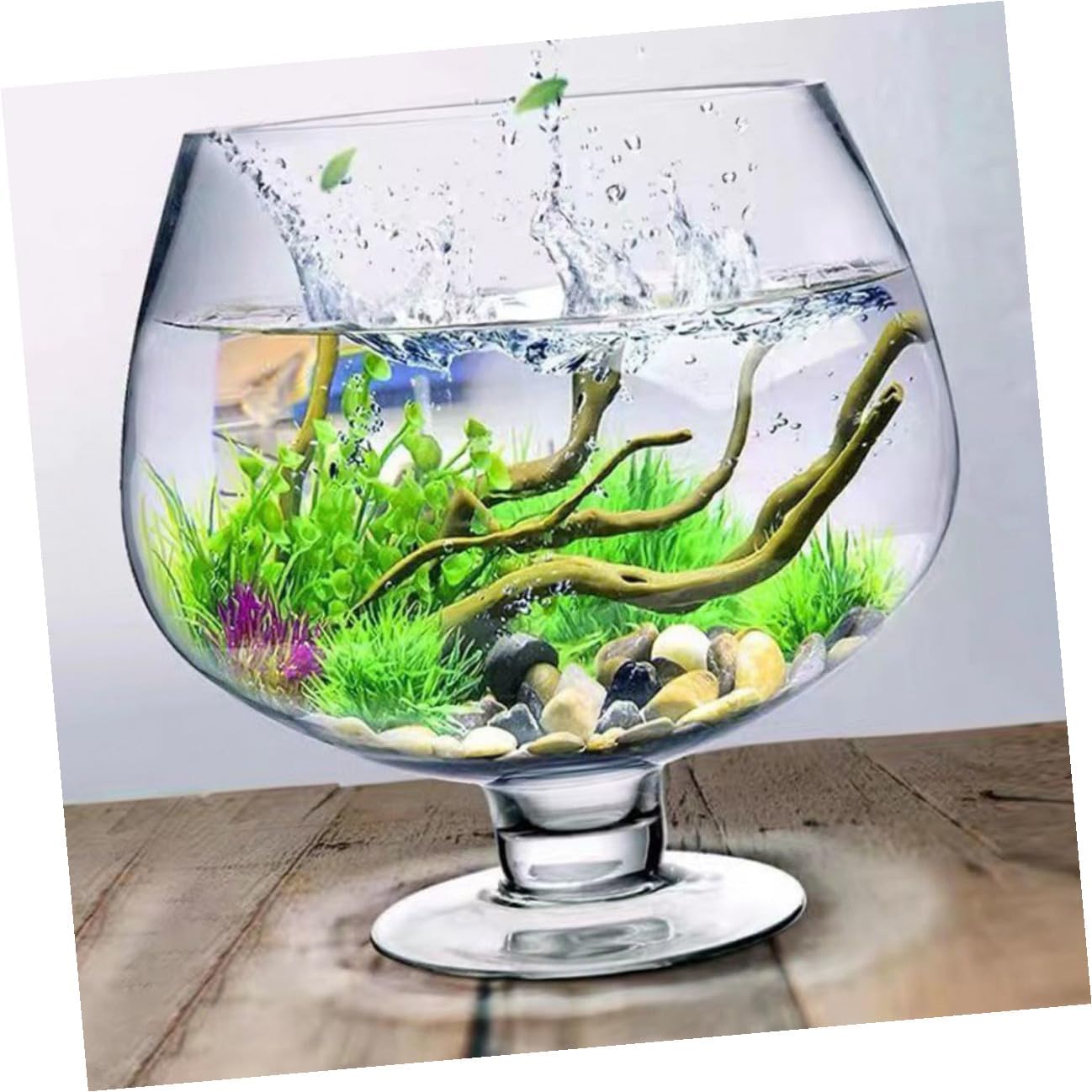 Kisangel Glass Desktop Fish Bowl Vase 5000ml Natural Aquatic Tank Tabletop Aquarium Planter for Office and Home Decor