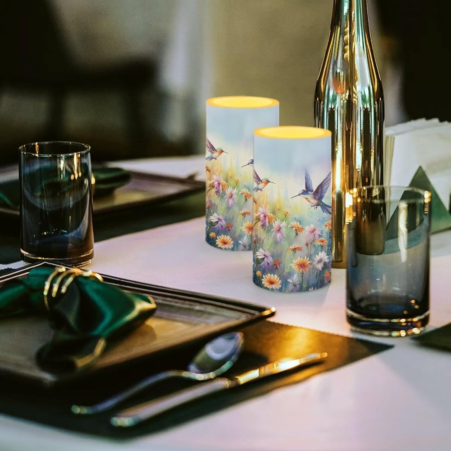 Flameless Candles Battery Powered Set of 2 with Timer Remote Color Changing Breathing Lamp Waterproof Fake Candle for Home Table Centerpiece Decor, Hummingbird Daisy Purple
