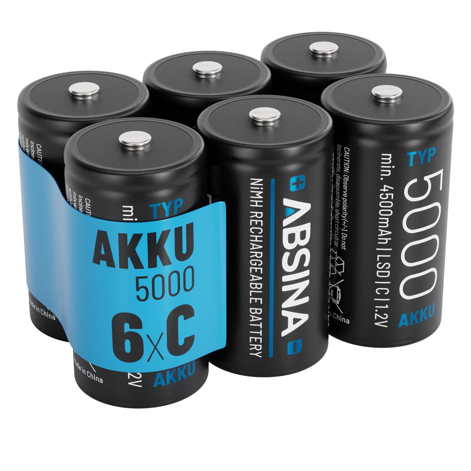 ABSINA 6 x LR 14 baterii C Baby do ponownego ładowania 5000 z niskim samorozładowaniem - akumulator C LR14 NiMH o min. 4500 mAh i 1,2 V - LR14 bateria C
