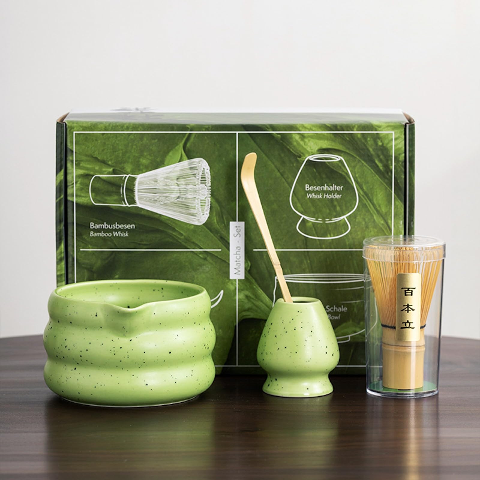 JIKANNOYA Matcha Set 4 Piece Chasen Whisk Chawan Bowl Green Ceramic 20oz