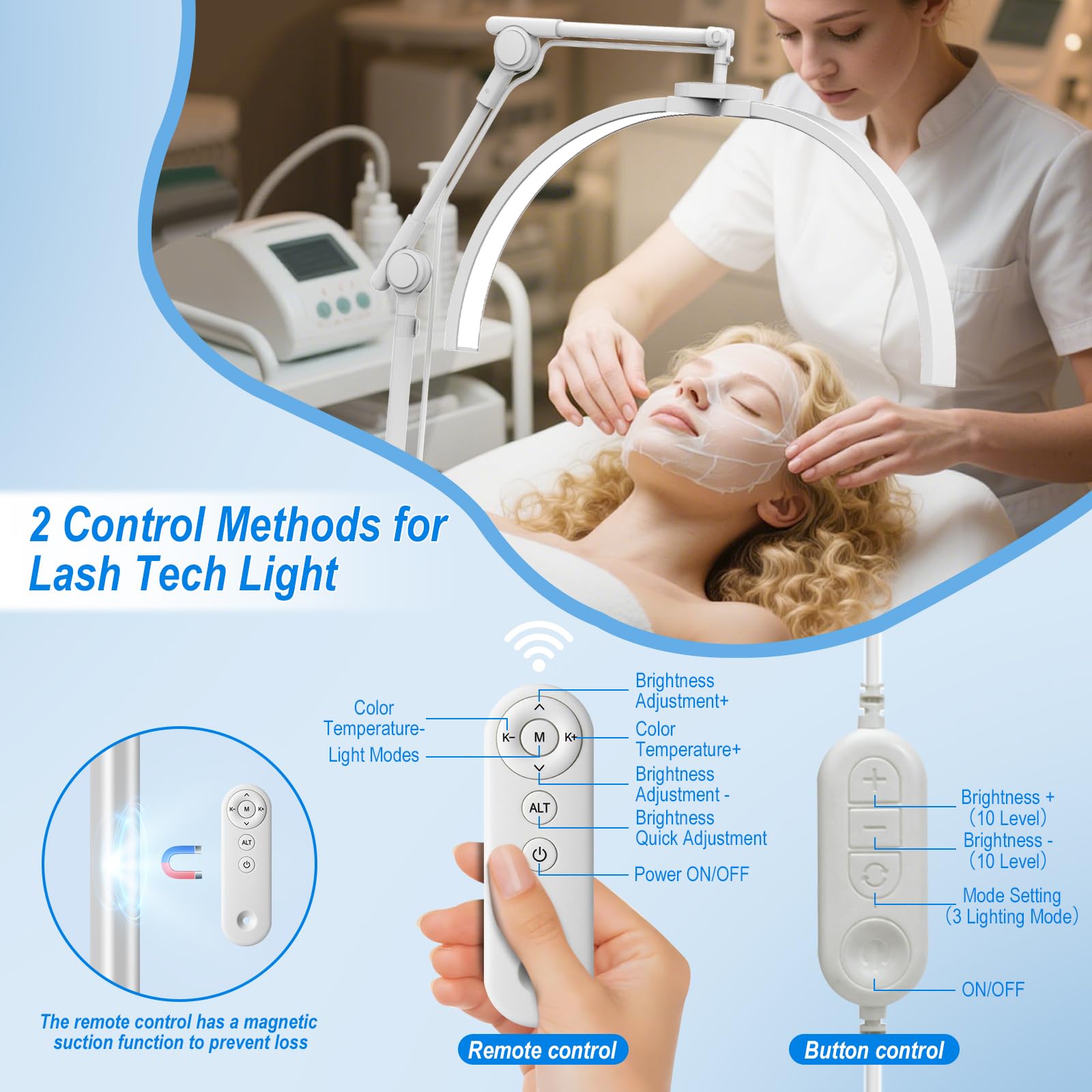 CGBE Lámpara Pestañas Media Luna de Pie: Lámpara Extensiones Pestañas con Soporte Teléfono - Base Rodante - Cabezal Giratorio 360° - Brillo y Altura Ajustables - para Pestañas/Cuidado de Piel/Tatuajes