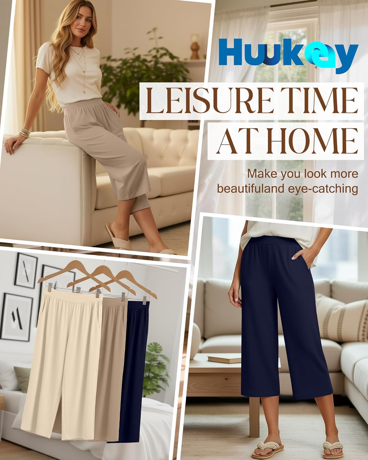 Huukeay 3 Pack Women's Capri Sweatpants, Cozy Wide Legs Cropped Capri with Pockets, Lounge Jogger Pants Workout Yoga Solid - Image 3