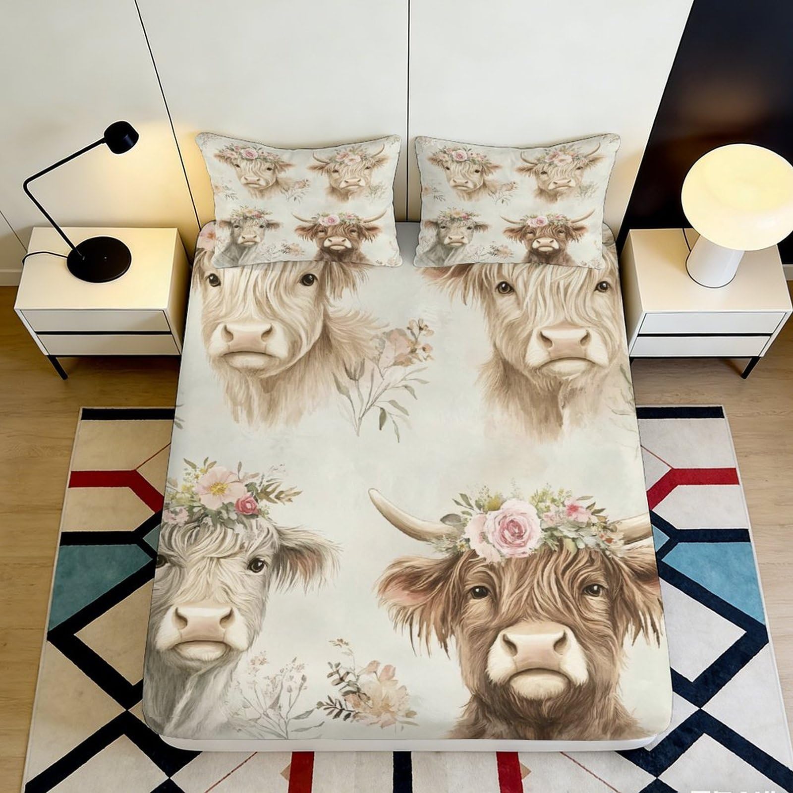 3D Printed Highland Cow Fitted Sheet Microfiber Soft Breathable Floral Cattle Bed Cover for Bedroom Guest Room Decor 90x200x25cm
