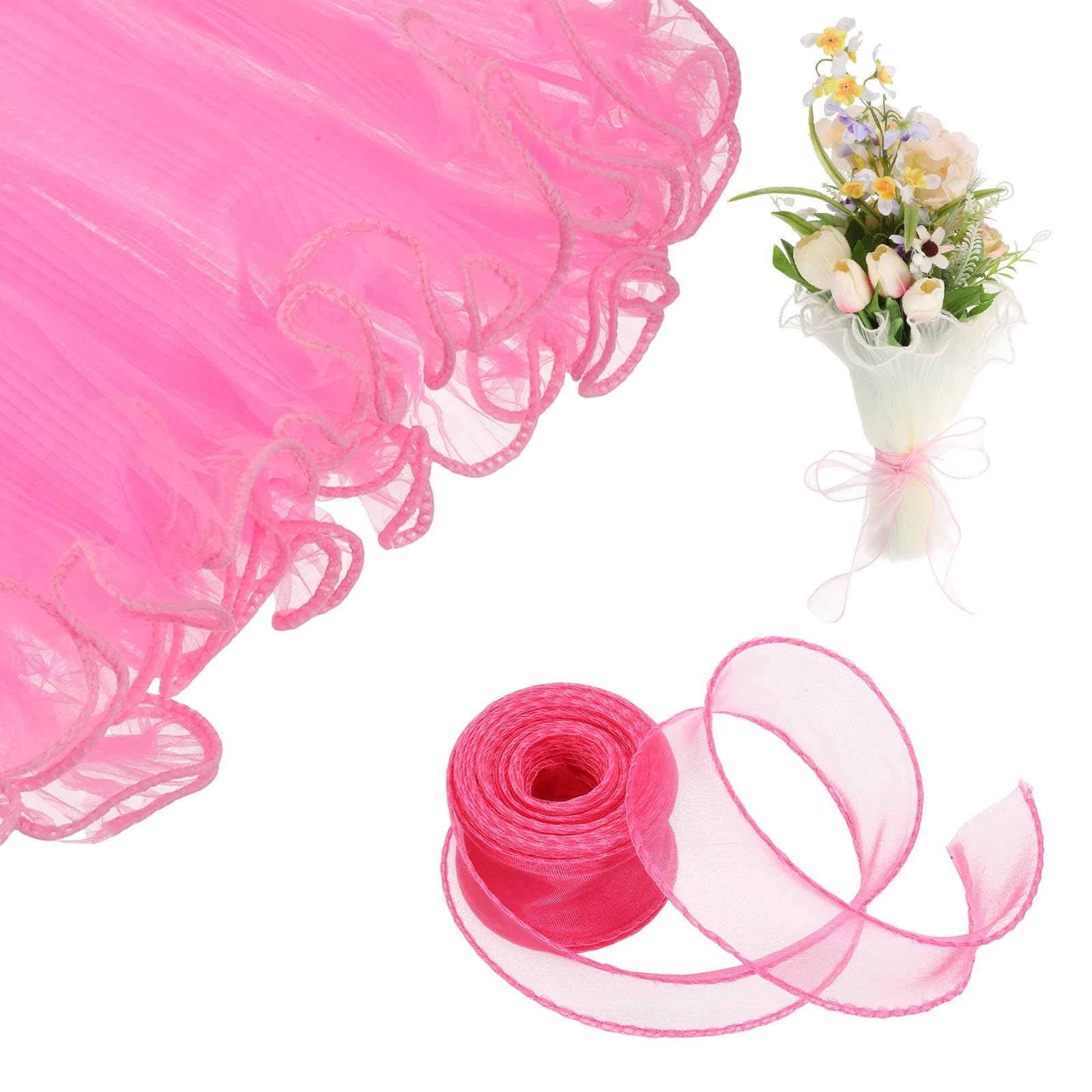 sourcing map 4 Yards Flower Wrapping Mesh Paper Bouquet Floral Packaging Paper with Organza Ribbon for Valentine's Day Wedding Birthday Florist Supplies, Water Pink/Rose Red