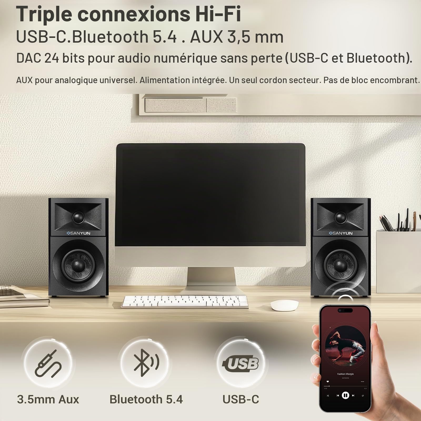 Sanyun SW203 Enceintes PC 2.0 3”, Champ Stéréo Élargi, Triple-DSP | DAC 24 bits, USB-C/Bluetooth 5.4/AUX, Woofer Fibre de Carbone 60W + Tweeter Dôme Soie, PC Bureau Gaming (Paire, Noir)