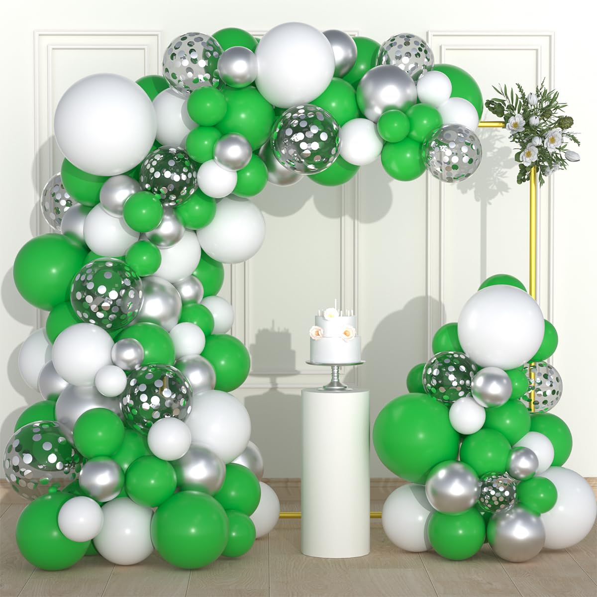 Green White Silver Balloon Arch Garland Kit - 122PCS Green White Balloons Metallic Silver Balloons St. Patrick's Balloons for Green Birthday Baby