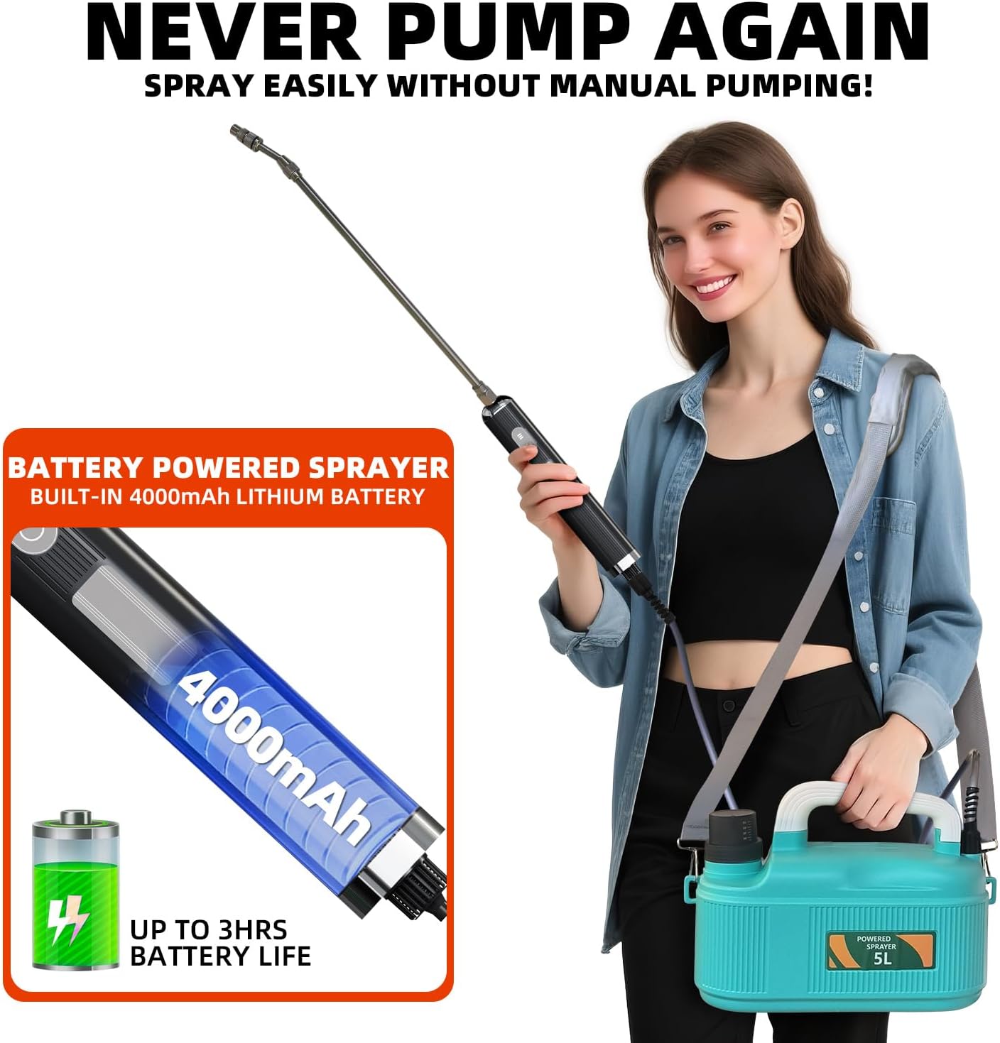 Everdant Cordless Battery Powered Sprayerfor Lawn Garden,6 Hours Long Battery Life,Rechargeable Electric Spray Pump with Adjustable Nozzle