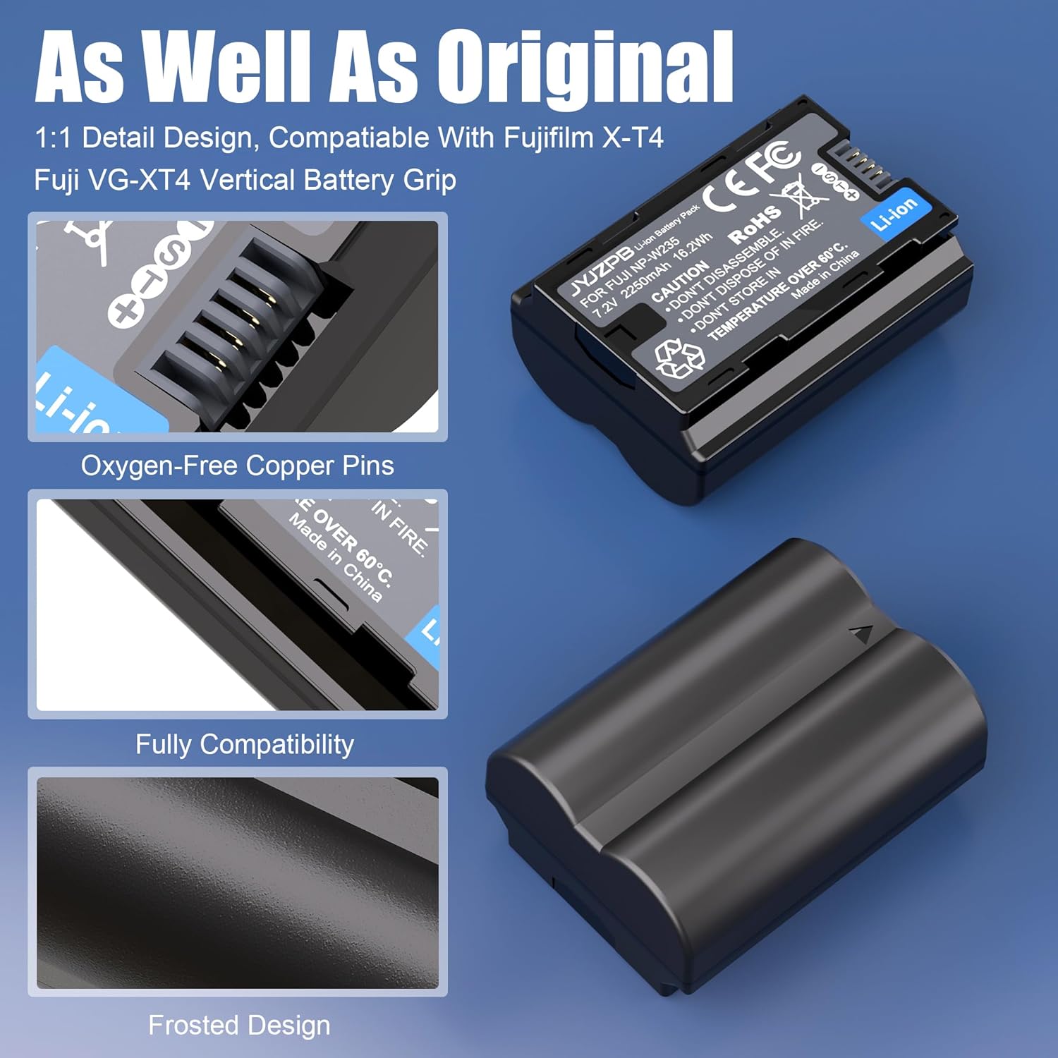 JYJZPB NP-W235 Battery Fit for Fujifilm XT4, X-T5, NP-W235 Dual Battery Charger for Fujifilm X-T4, VG-XT4, XT5, X-S20, GFX50S II, GFX100S, X-H2, X-H2S Battery 2250mAh - Image 6