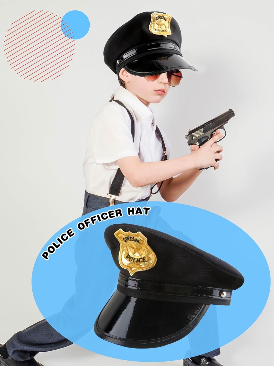 8 Pack Kids Police Hat Black Policeman Cop Hat Police Officer Hat for Boys Girls Halloween Party Costume Accessories