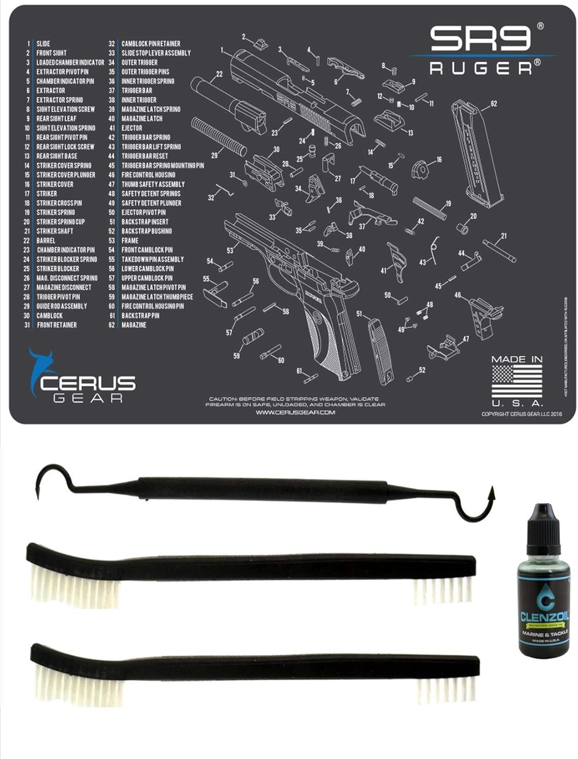 Ruger SR9 5 PC EDOG Cerus Gear Schematic (Exploded View) Heavy Duty Pistol Cleaning 12x17 Padded Gun-Work Surface Protector Mat Solvent & Oil Resistant & 3 PC Cleaning Essentials & Clenzoil