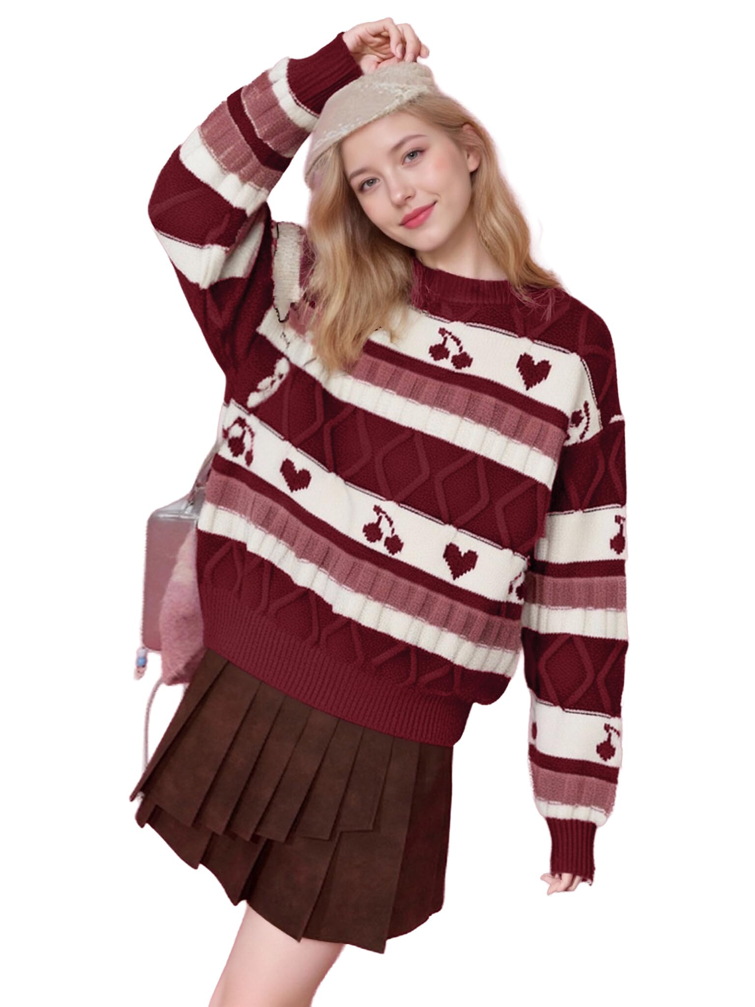 SKAYS Womens Cherry Print Colorblock Sweater Casual Fashion Striped Crew Neck Pullover
