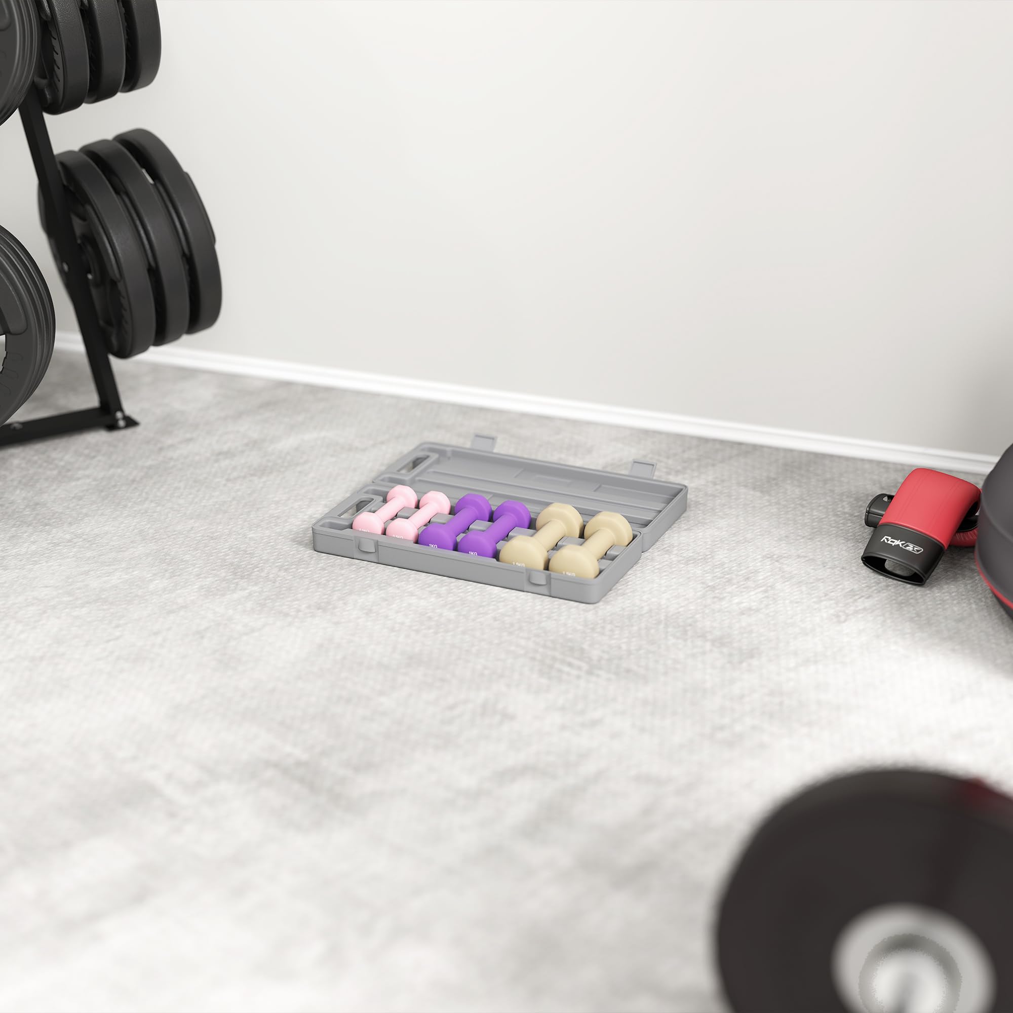 HOMCOM Set di Manubri Palestra 2x0.5/1/1.5kg con Valigetta, Manubri da 6 kg Totali con Impugnatura Antiscivolo, Allenamento Fitness Casa, Rosa, Viola, Marrone