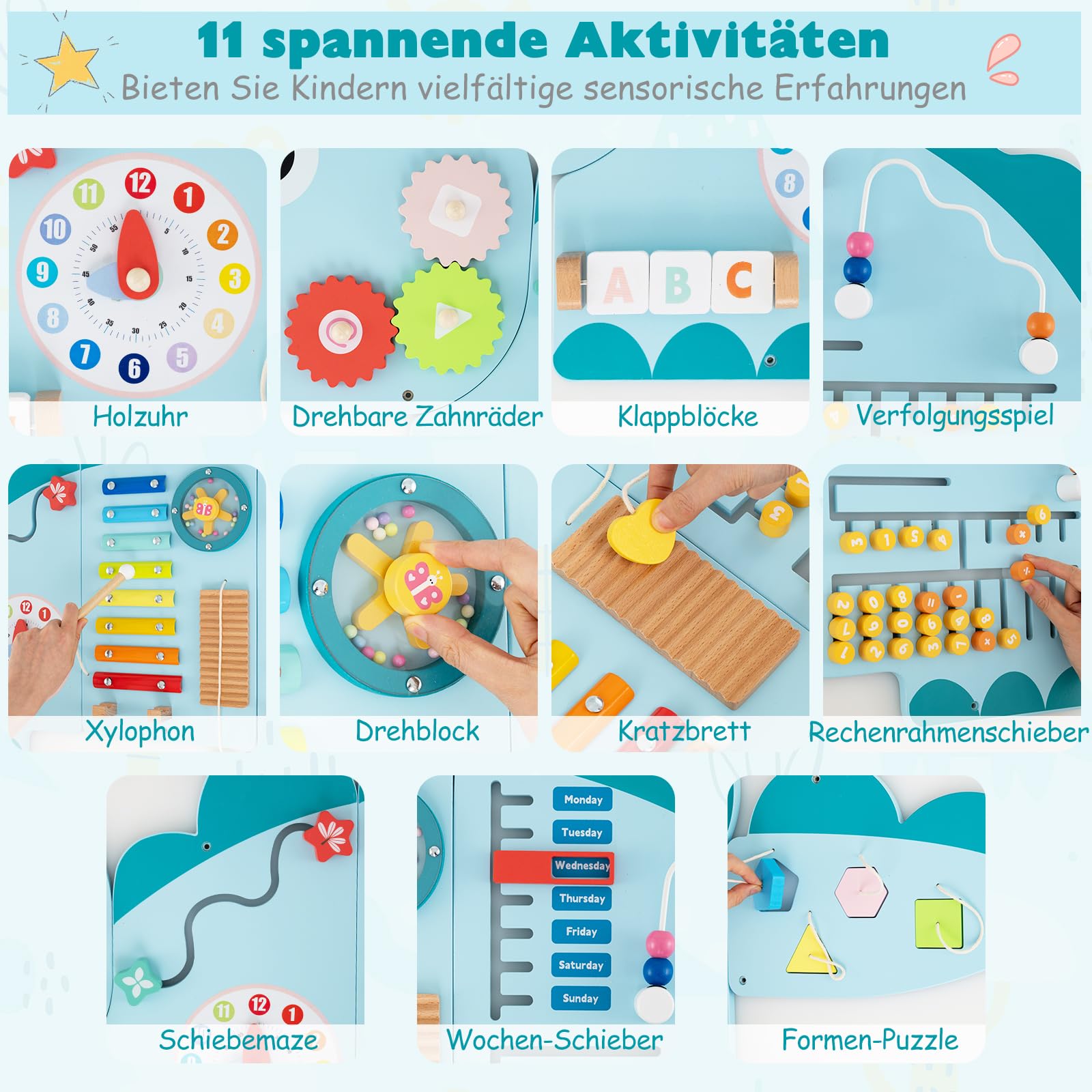DREAMADE Montessori Busy Board, Motorikbrett aus Holz mit Blöcken & Xylophon & Zahnrädern & Uhr, Montessori Wandboard Motorikspielzeug für Kinder ab 3 Jahren (Dinosaurier-Blau)