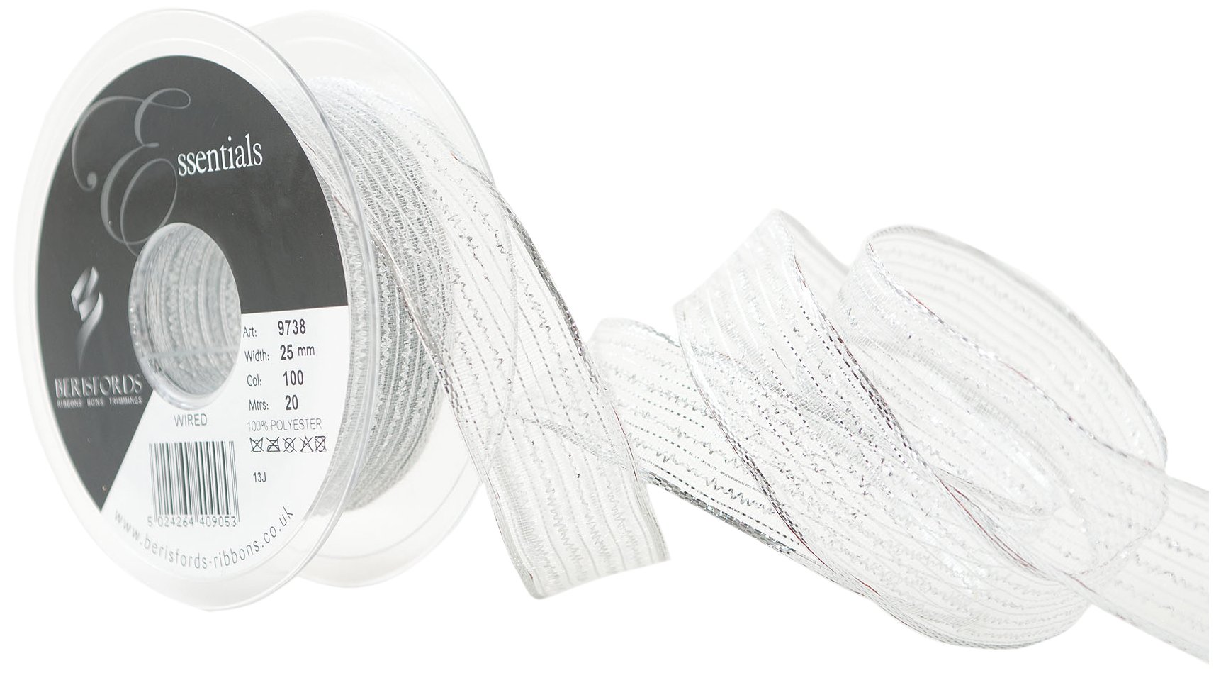 Berisfords Silver 25 Mm Wired Tinsel Mesh Ribbon,