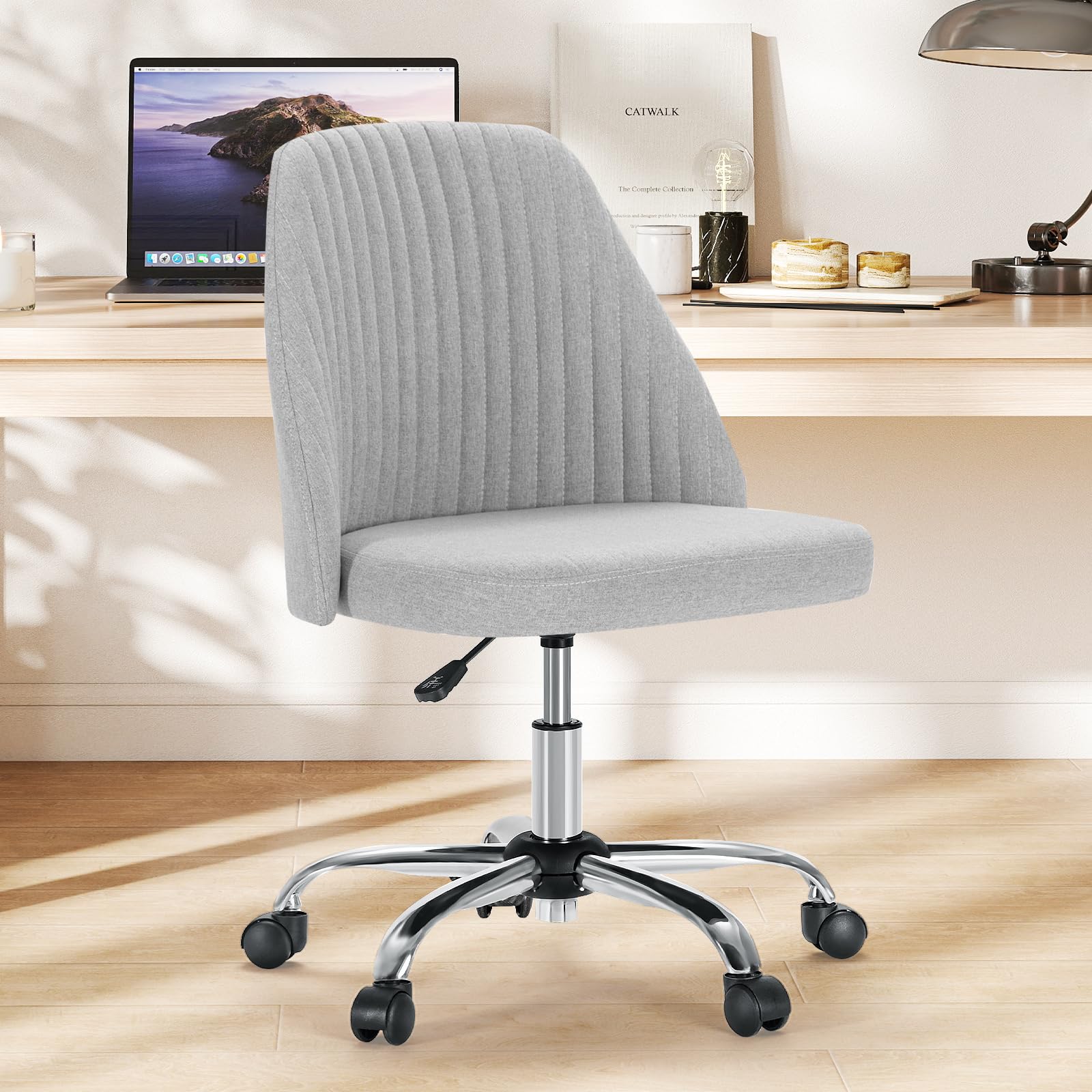 Sweetcrispy Armless Vanity Chair Cute Comfy Home Office Desk Chair with Wheels Modern Upholstered Task Computer Seat for