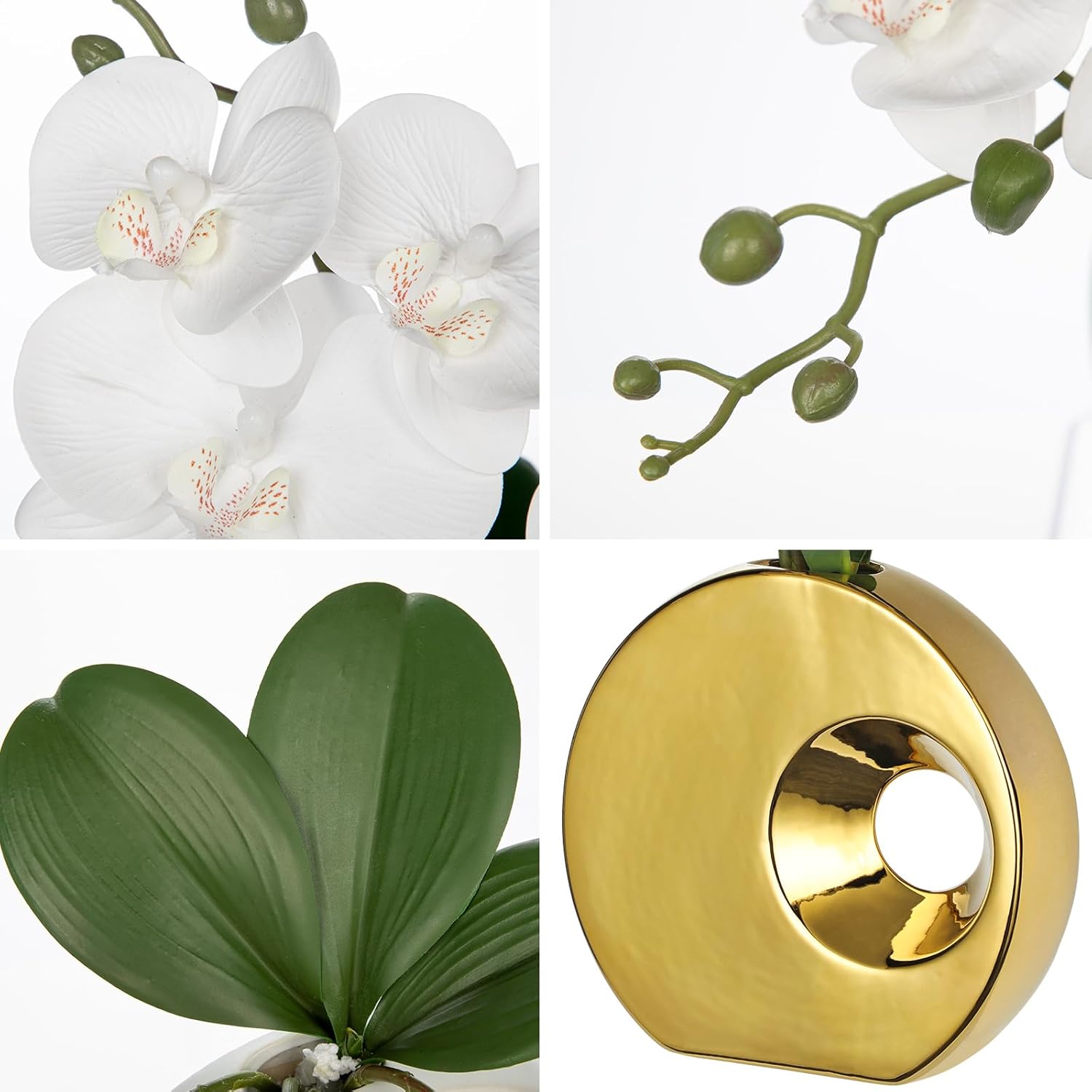 Briful Artificial Orchid Flowers in Gold Pot 15.7" Tall White Faux Orchid Arrangement Silk Orchid Flower Fake Orchids Centerpiece for Home Office Room Wedding Table Décor - Image 2