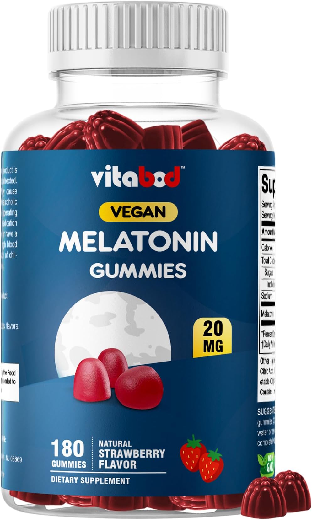 Melatonin 20mg Gummies - 180 Count - Drug Free - Natural Strawberry Flavor - Vegetarian, Non-GMO, Gluten Free (1 Bottles)