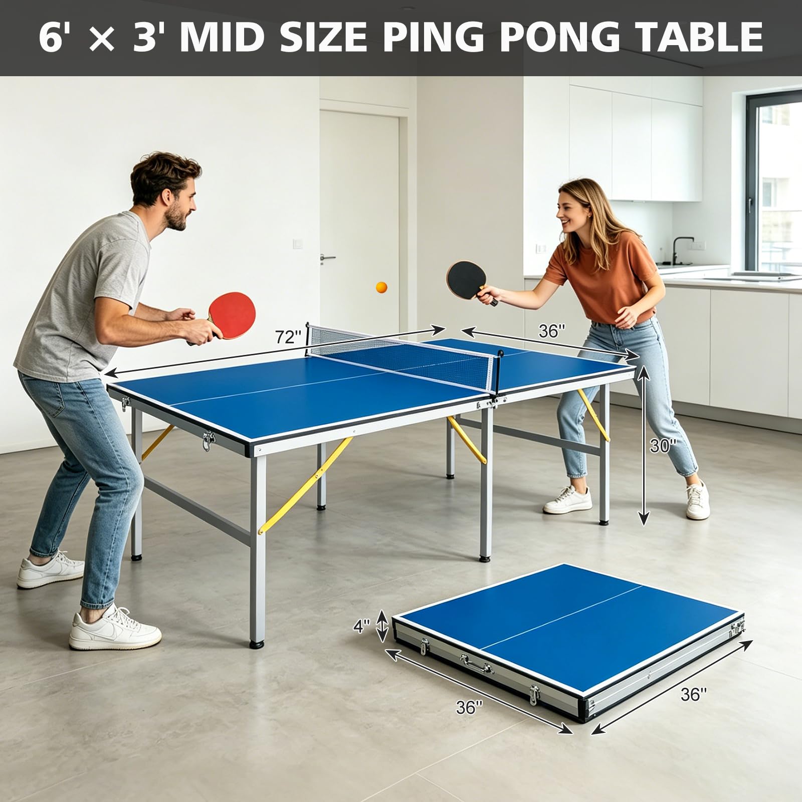 Tavolo da ping pong pieghevole di medie dimensioni con rete, pagaie e palline, in MDF multiuso, da 1,8 m x 91,8 cm, per bambini, adolescenti e adulti, compatto e portatile