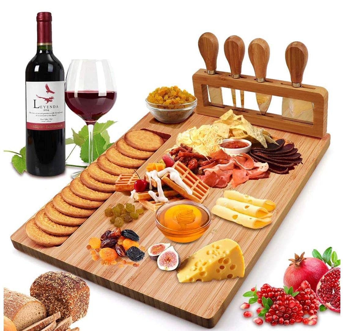 Cuisine Art Organic Bamboo Cheese Cutting Board & Knife Gift Set Wooden Serving Tray For Charcuterie Meat Platter, Fruit & Crackers With 4 Cheese Knives Cbb0101, Multicolour