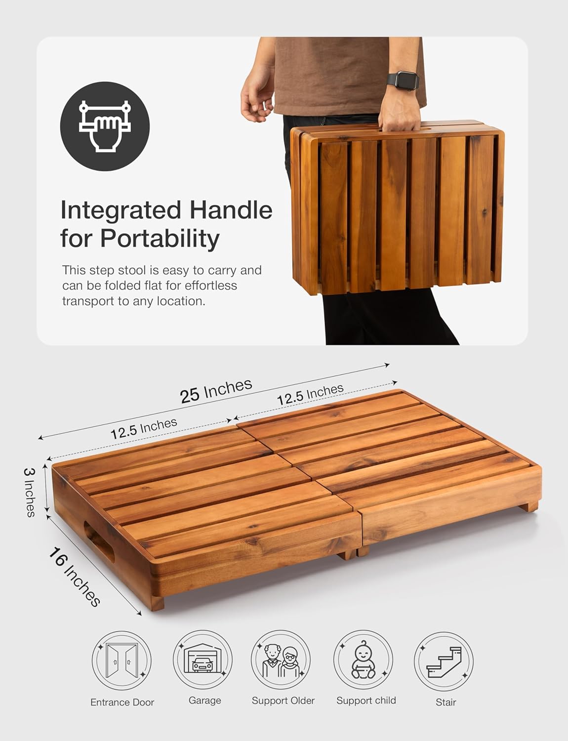 Holana 25 Inch Acacia Foldable Wooden Step Stool for Adults & Elderly & Handicap- Adjustable 3" to 6" - Heavy Duty 400lbs - Mobility Step Stool for High Beds & Outdoor Use - Wood Stepping Stool