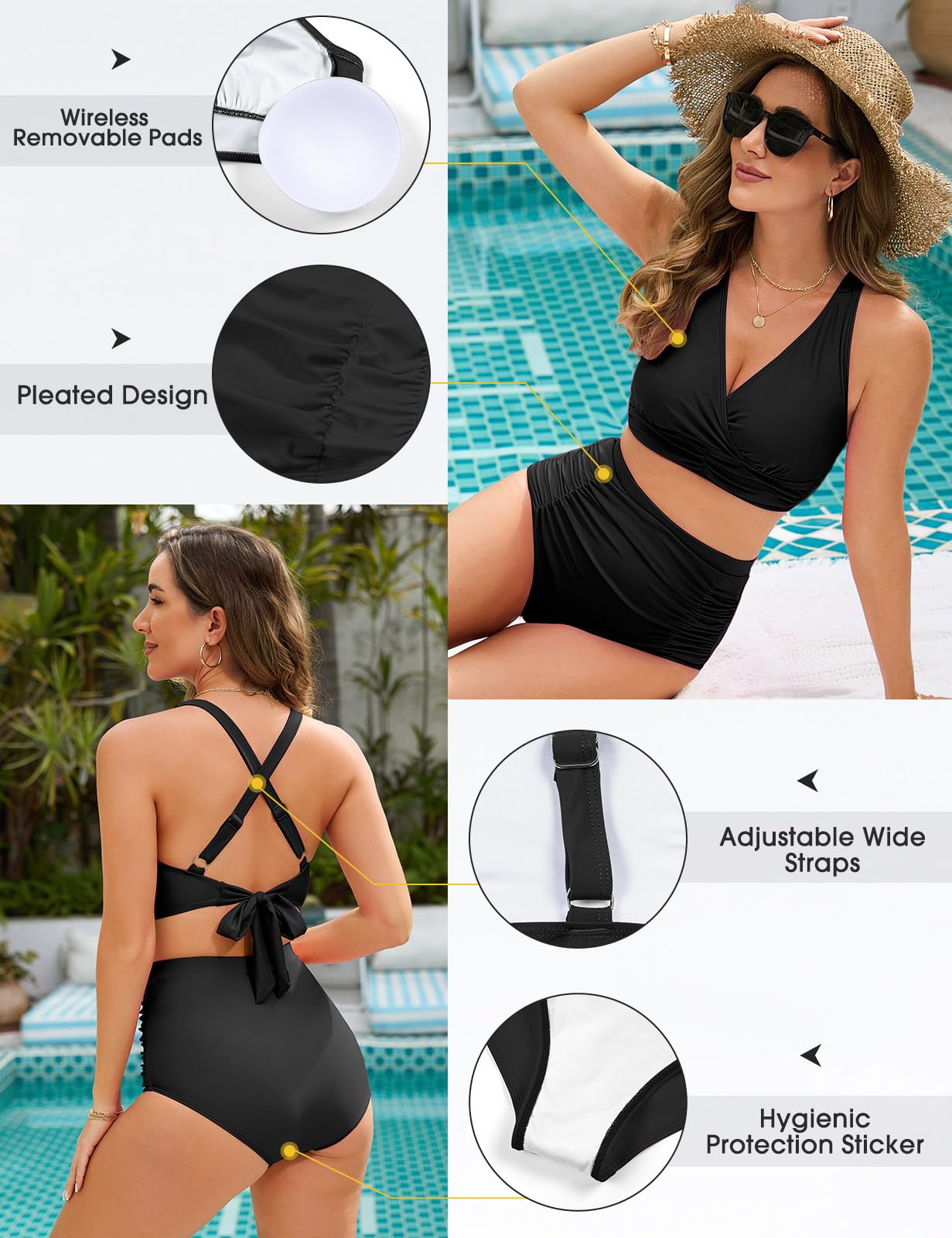 Voqeen Damen Bikini mit hoher Taille Push Up Badeanzug V Ausschnitt überkreuztes Geraffte Badebekleidung mit Bauchansatz Zweiteiliger Bademode