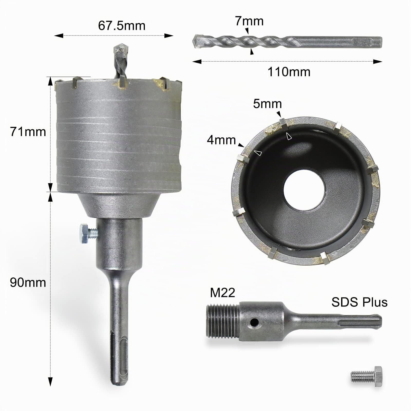 CCLIFE Fresa per cemento seghe a tazza per cemento da 50/55/65/68/80/82/100 mm Punta Centraggio 8x110mm per muratura e calcestruzzo con SDS plus adattatore