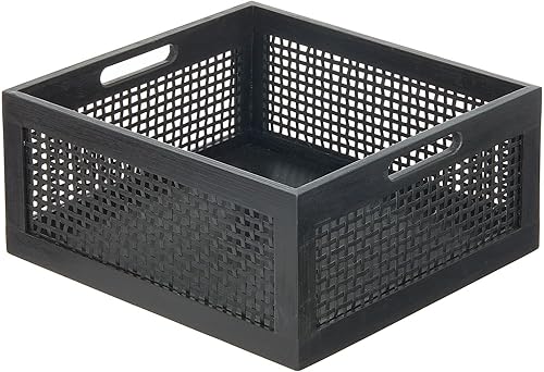 Miniatura 7 de mDesign Caja de almacenamiento de madera decorativa mediana, cesta organizadora de madera de pino rústica con asas integradas para despensa de