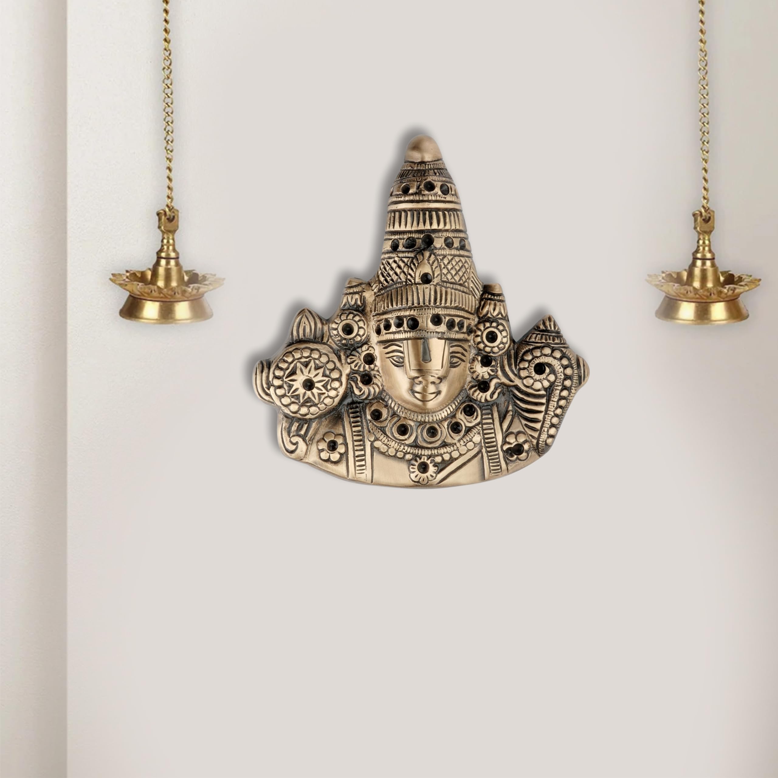 DEVDECOR Brass Idol of Lord Tirupati Balaji Lord Sri Venkateswara Balaji Face Wall Hanging 16 Inch Brown