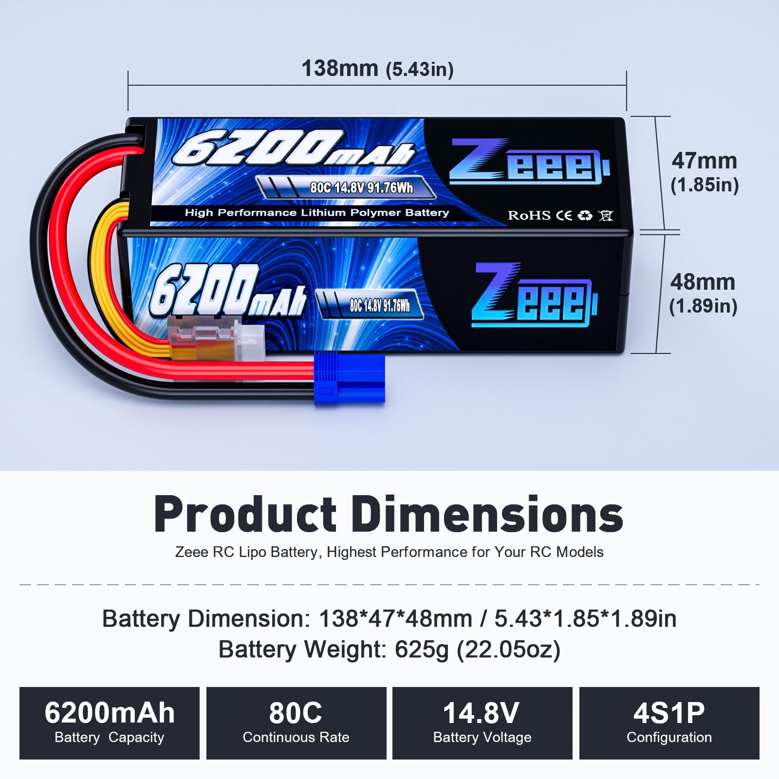 Zeee 4S Lipo Batteria 14,8V 80C 6200mAh Batteria RC Hardcase con Connectore EC5 Spina per RC Evader BX RC Veicolo Auto LKW Truggy RC Nave RC Modells RC Hobby (2 pezzi)