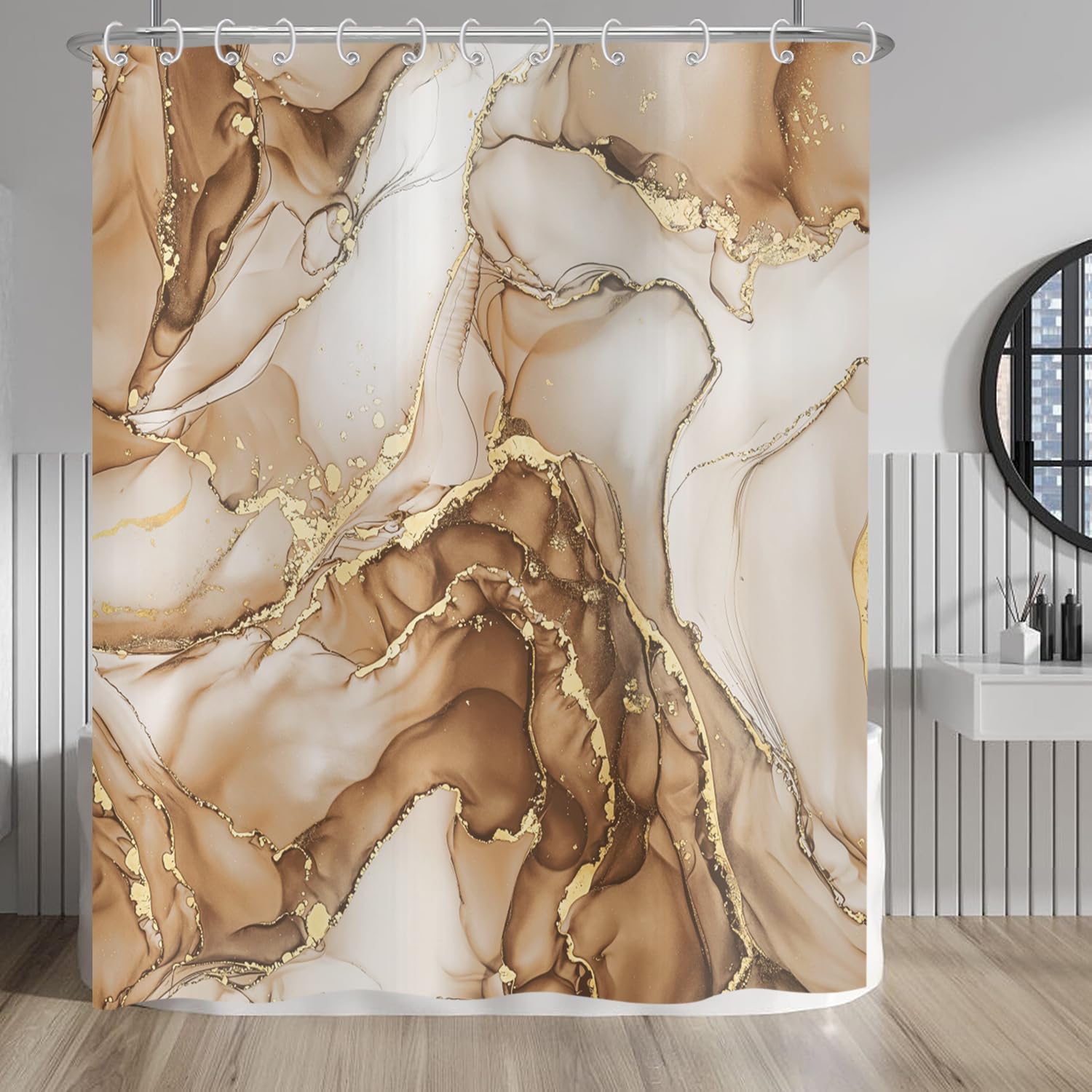 Hnmdmyi Marble Shower Curtain 120x200, Brown Gold Abstract Marble Bathroom Curtains Luxury Modern Aesthetic Art Ink Texture Waterproof Polyester Fabric Washable Bath Curtains with Hooks