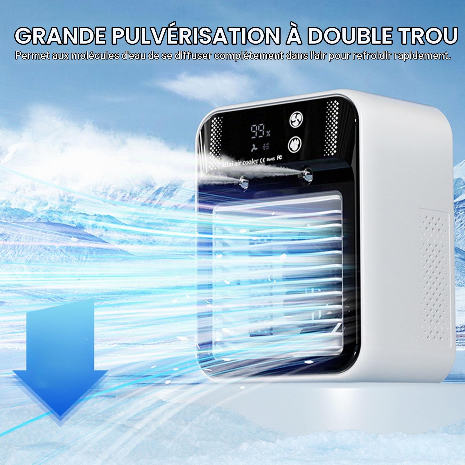 Mini Rafraîchisseur d’Air Bureau USB Rechargeable avec Brume | Batterie 3000mAh, brumisation, affichage digital, poignée, 2 modes d’air, moins de 55dB, format compact.