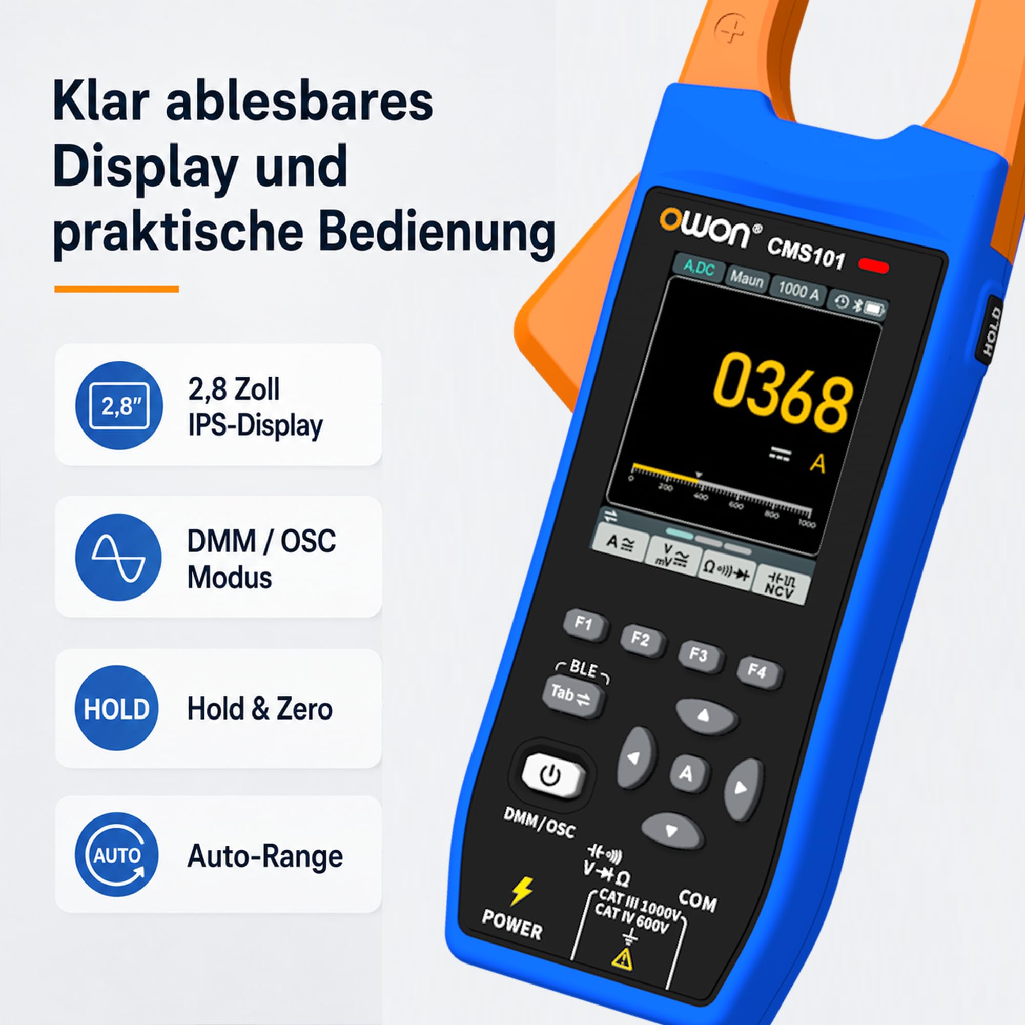 CMS101 3-in-1 AC/DC Stromzange mit Oszilloskop, True RMS, 1000A/1000V, 5MSa/s Wellenformanzeige, Bluetooth-Logging, Einschaltstrom, 20.000 Zählwerte, wiederaufladbar für Elektro-, HLK- und Kfz-Diagnos