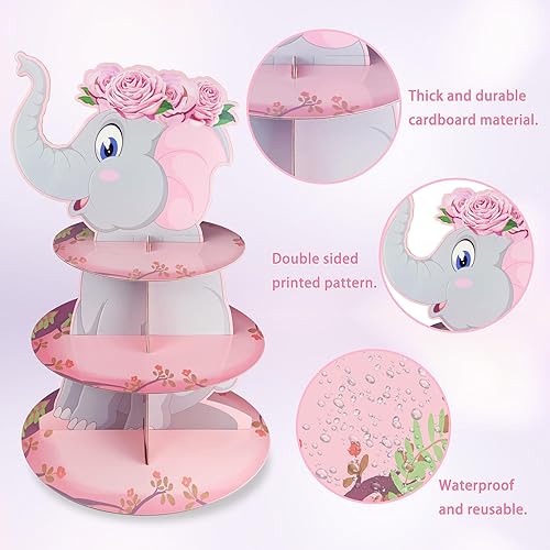 Miniatura 3 de Soporte para cupcakes de elefante rosa de 3 niveles, decoración de mesa de fiesta de cumpleaños de elefante rosa, soporte para cupcakes de postre,
