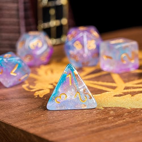 Miniatura 5 de UDIXI Juego de 11 dados poliédricos DND dados de remolinos iridiscentes para juegos de rol mazmorras y dragones dados DD azul morado