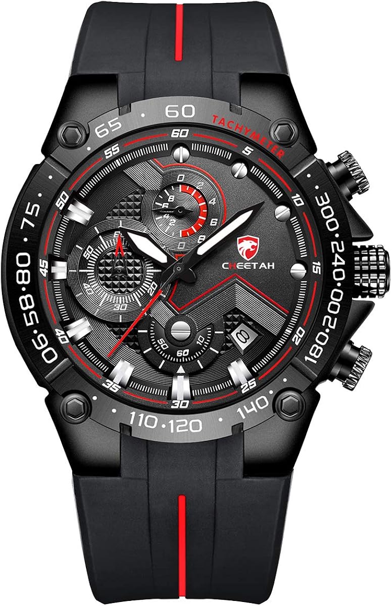 Affute Mens Watches Sports Waterproof Chronograph Watch with Silicone Strap, Date, Luminous Quartz Wristwatch (Black red)