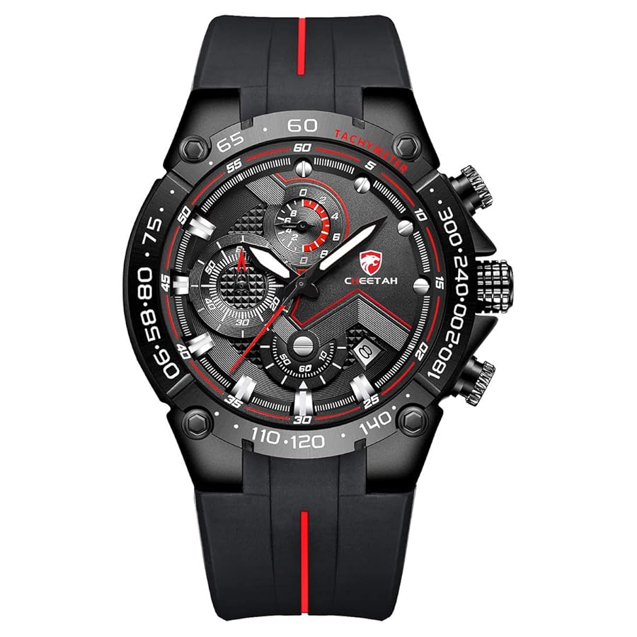 CHEETAH Mens Chronograph Watch Outdoor Waterproof Military Tactical Style  Quartz Sports Watches for Men with Rubber Strap, Black Red, ...