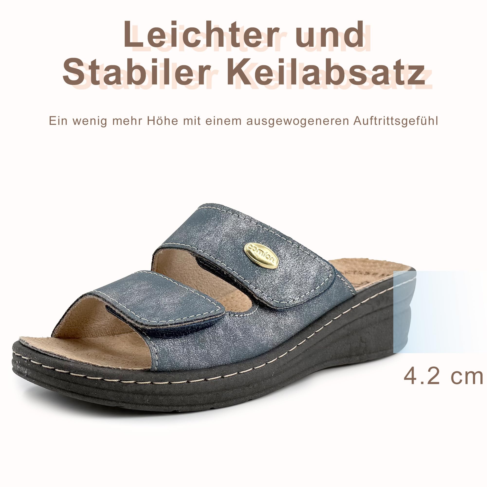JOMIX Damen Pantoletten Orthopädische mit Klettverschluss Sommer Hausschuhe Anatomisch Ergonomisch Herausnehmbares Lederfußbett Verstellbar Bequemer Keilabsatz für ältere Damen